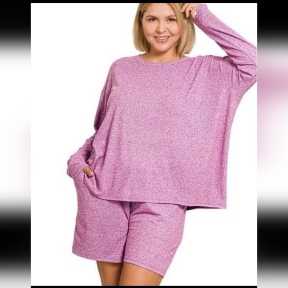 #0493 1X+ NEW ZENANA Lt Plum Hacci Set Top & Shorts TOP: 29-31"ptp  26"Long SOFT